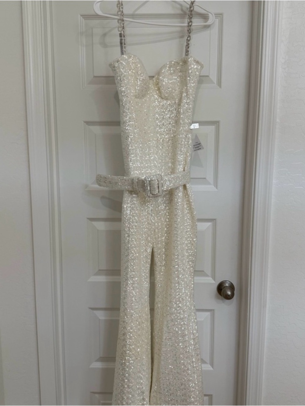 NADINE MERABI Ivory Sequin Strapless Jumpsuit with Chain Straps and Belt